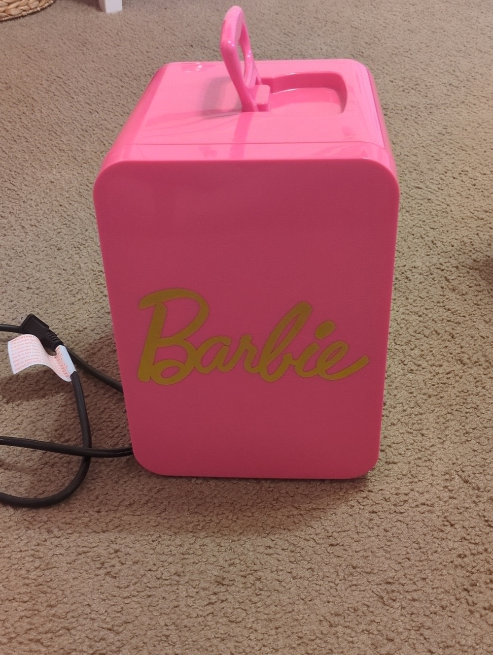 Barbie Hot Pink Portable Mini Fridge with Gold Logo